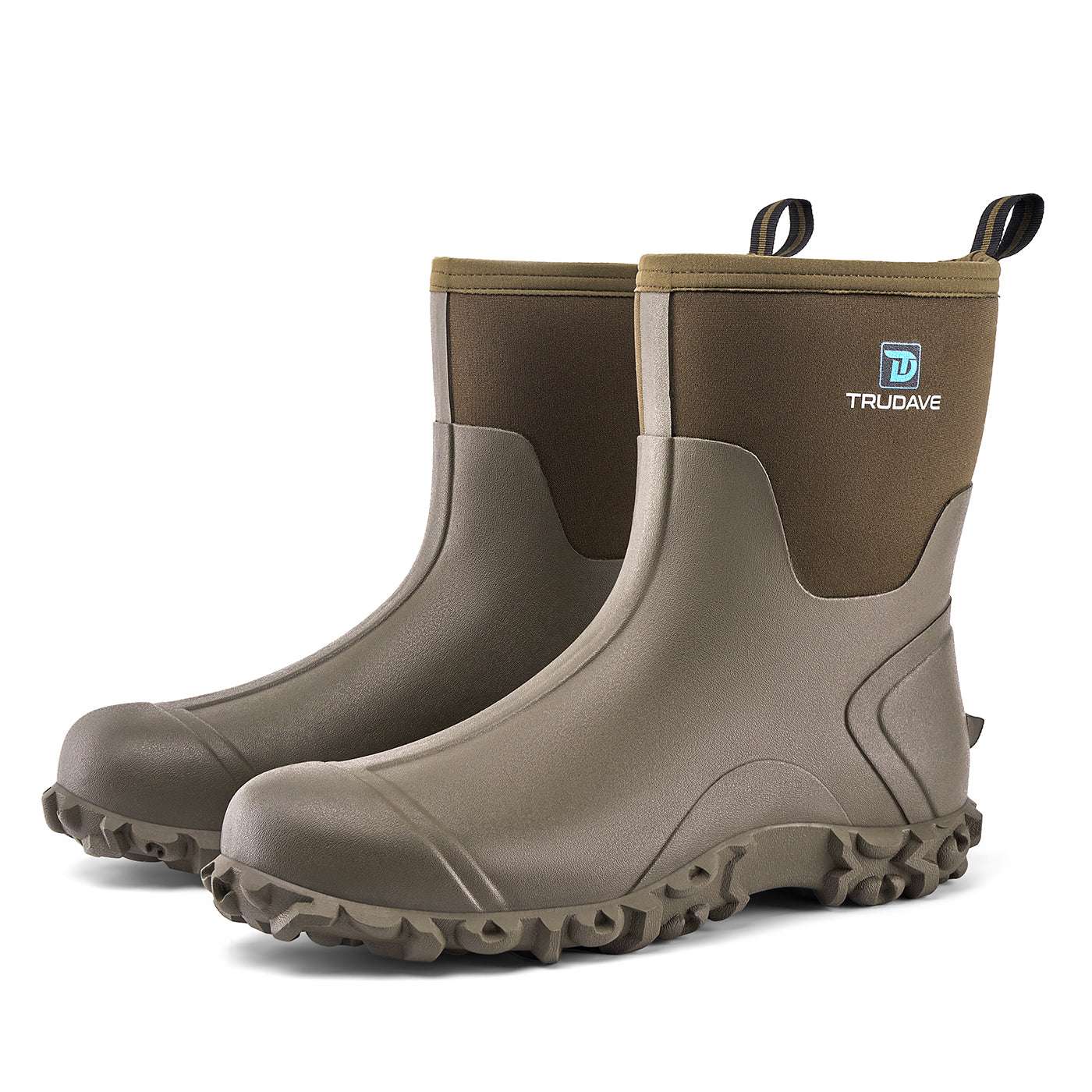 alt="Side view of Trudave AquaGrip Series men’s waterproof mid-calf rubber work boots in olive green – durable non-slip design providing traction and waterproof protection for gardening, farming, and rainy outdoor work"